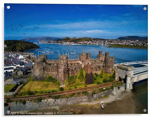 Conwy Castle & suspension bridge  Acrylic by Mike McMahon