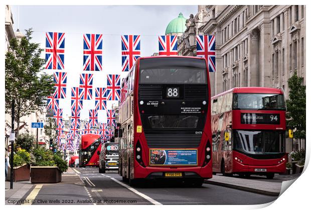 Regent Street with bunting and buses Print by Clive Wells