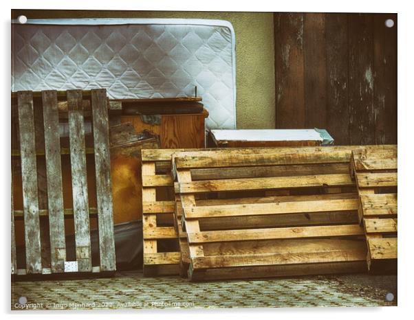 Shot of pallets leaning against the wall with old furniture and mattress Acrylic by Ingo Menhard