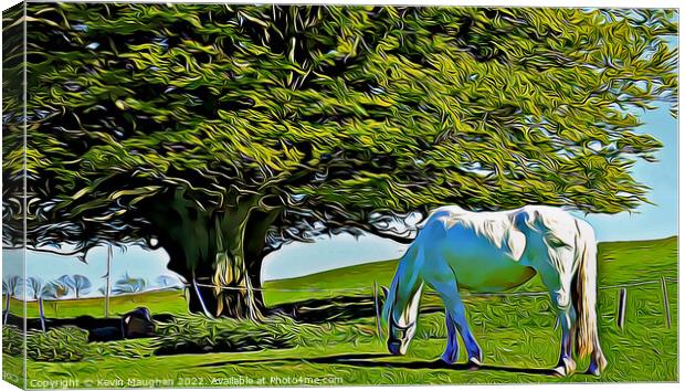 Majestic White Horse Grazing in a Serene Field Canvas Print by Kevin Maughan