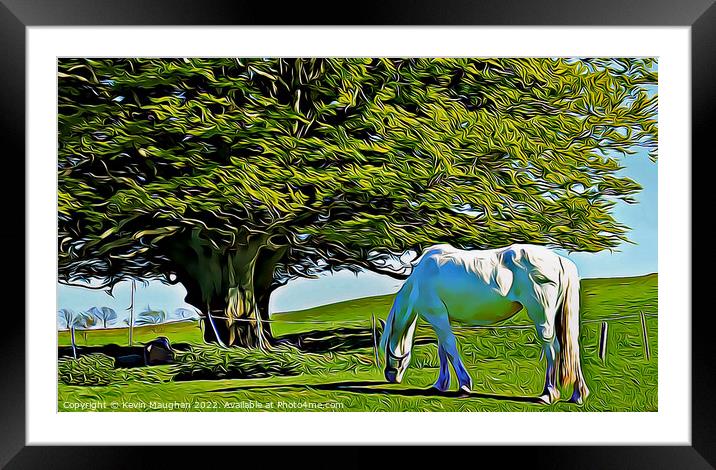 Majestic White Horse Grazing in a Serene Field Framed Mounted Print by Kevin Maughan