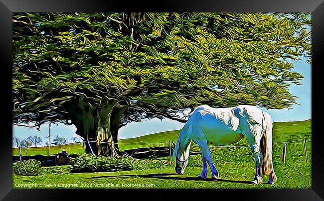 Majestic White Horse Grazing in a Serene Field Framed Print by Kevin Maughan