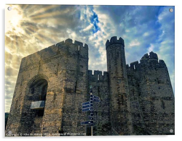 Caernarfon Castle sun rays  Acrylic by Mike McMahon