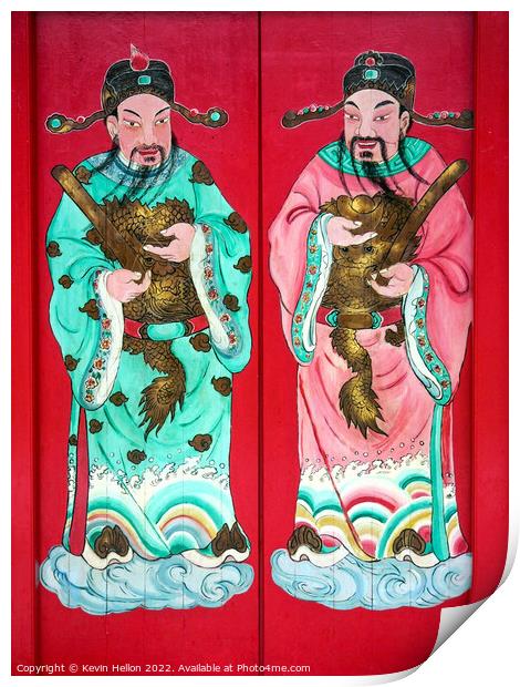 Chinese figures on temple door  Print by Kevin Hellon