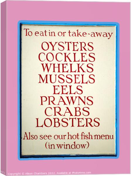 Whitstable Seafood Sign Canvas Print by Alison Chambers