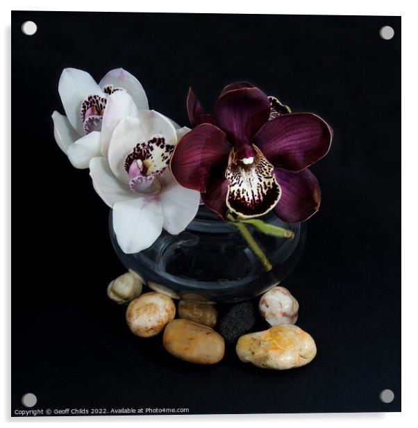 White & purple Cymbidium orchids; in a glass vase. Acrylic by Geoff Childs