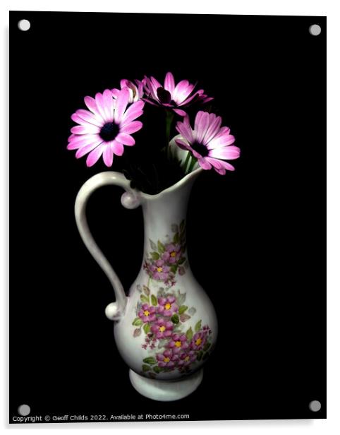 African Daisy flower in a decorative vase isolated on black. Acrylic by Geoff Childs