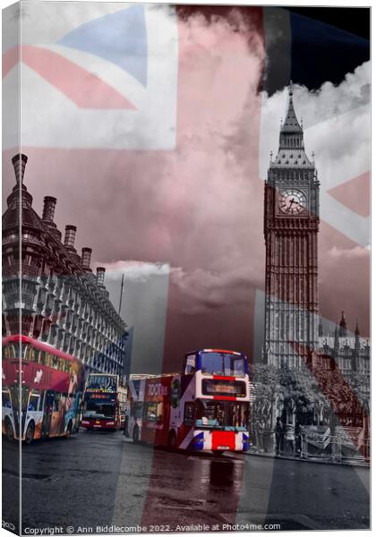 Union Jack Big Ben and London buses Canvas Print by Ann Biddlecombe