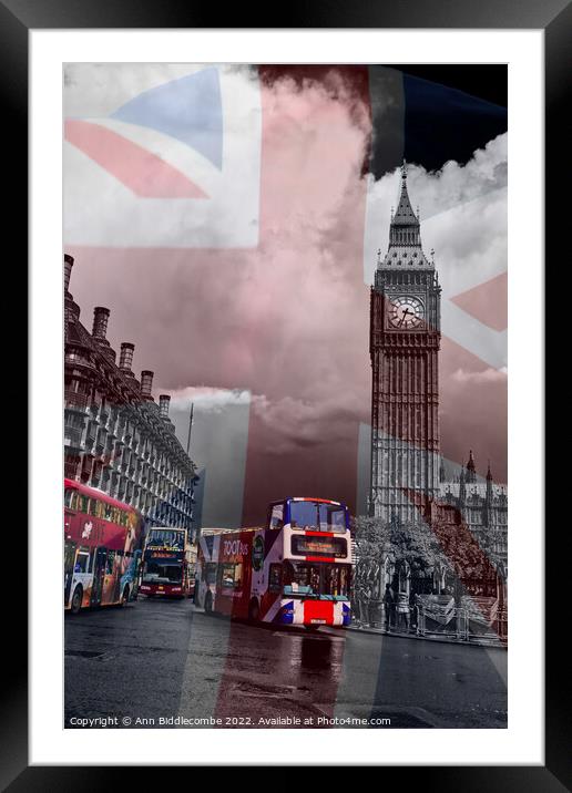 Union Jack Big Ben and London buses Framed Mounted Print by Ann Biddlecombe
