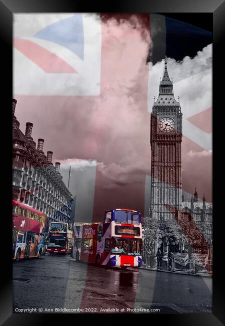 Union Jack Big Ben and London buses Framed Print by Ann Biddlecombe