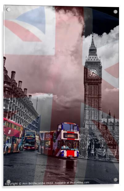Union Jack Big Ben and London buses Acrylic by Ann Biddlecombe