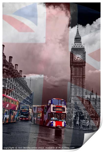 Union Jack Big Ben and London buses Print by Ann Biddlecombe
