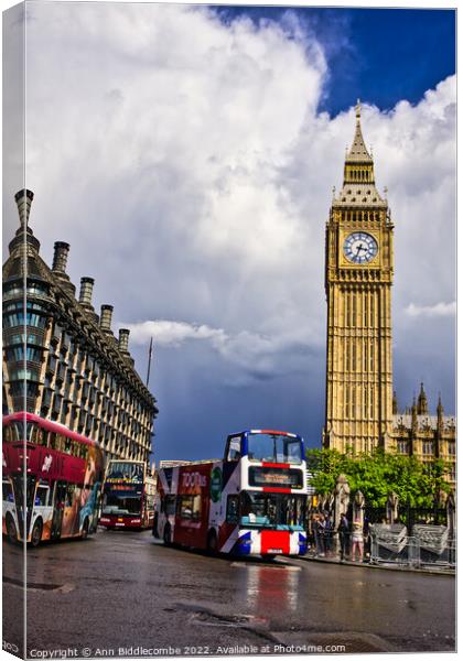 Big Ben and a London bus Canvas Print by Ann Biddlecombe