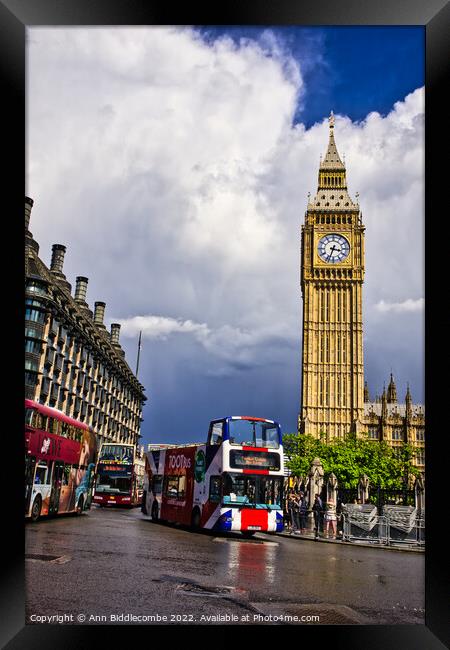 Big Ben and a London bus Framed Print by Ann Biddlecombe