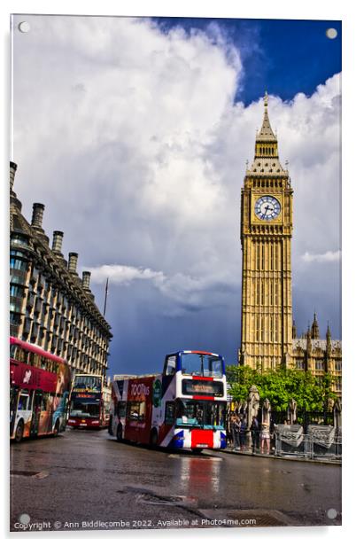Big Ben and a London bus Acrylic by Ann Biddlecombe