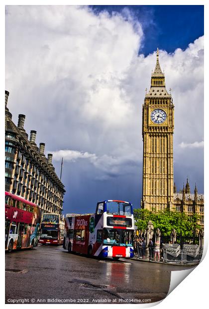 Big Ben and a London bus Print by Ann Biddlecombe