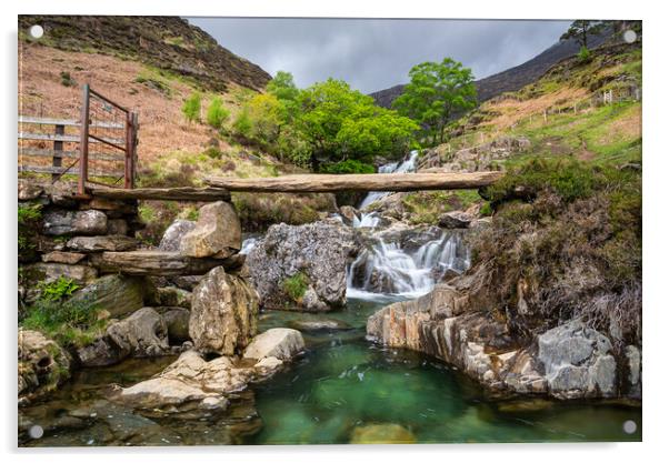 Watkin Path footbridge and waterfalls, Snowdonia national park Acrylic by Andrew Kearton
