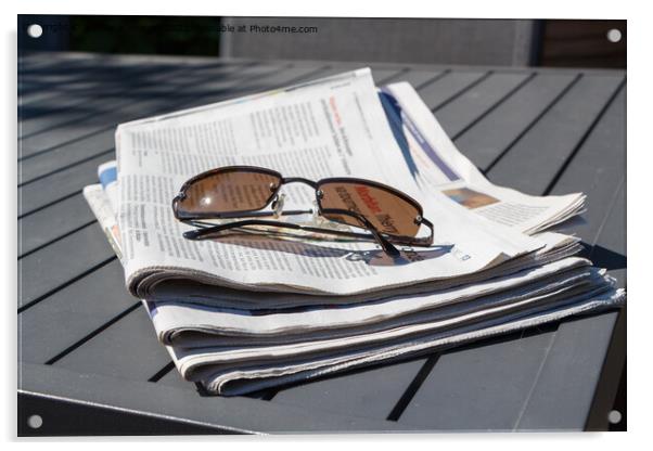 Pile of newspapers and sunglasses Acrylic by aurélie le moigne