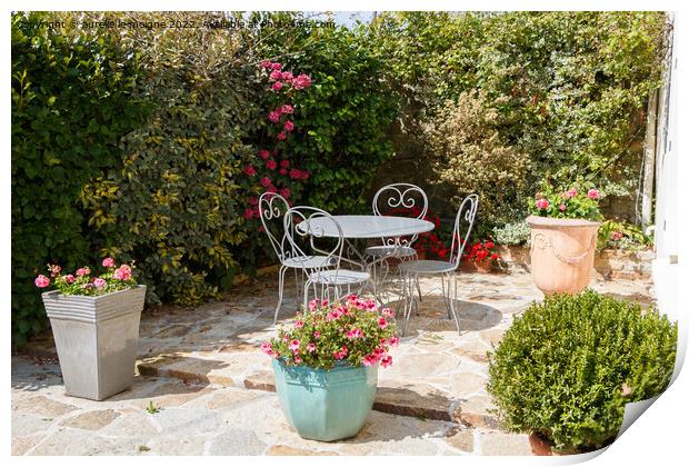 Flowered terrace with garden furniture Print by aurélie le moigne