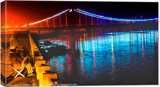 Fishing Hun River Jiangqun Bridge Liaoning China Night Canvas Print by William Perry