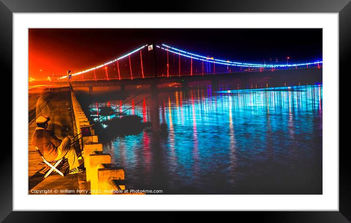 Fishing Hun River Jiangqun Bridge Liaoning China Night Framed Mounted Print by William Perry