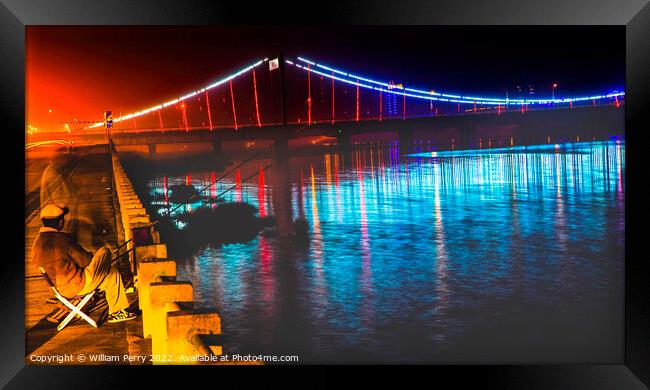 Fishing Hun River Jiangqun Bridge Liaoning China Night Framed Print by William Perry