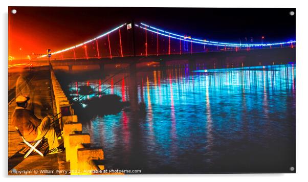 Fishing Hun River Jiangqun Bridge Liaoning China Night Acrylic by William Perry