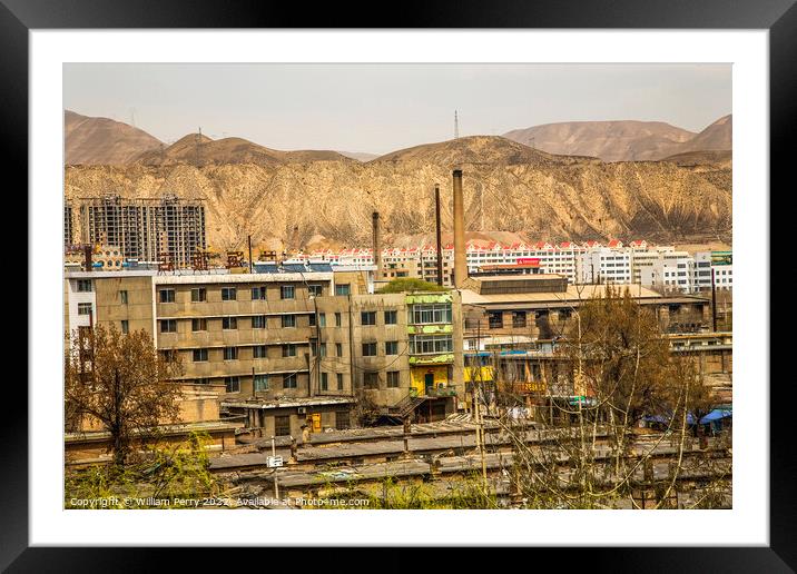 Chinese Factory Chimneys Apartments Gansu Province China Framed Mounted Print by William Perry