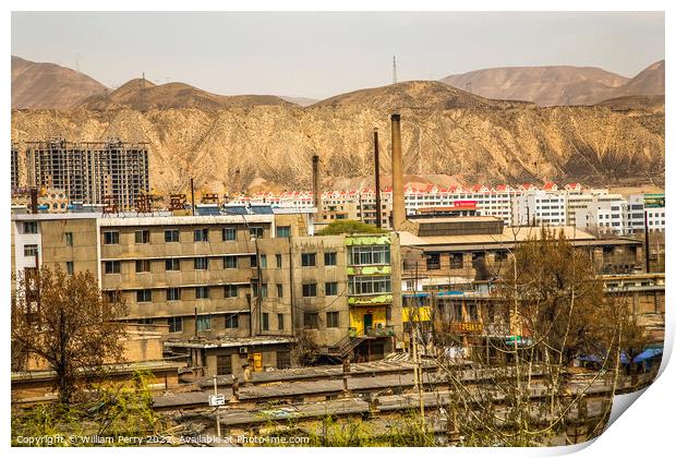 Chinese Factory Chimneys Apartments Gansu Province China Print by William Perry