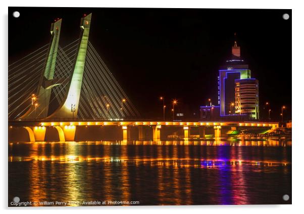 Tianhu Bridge Fuxin Liaoning China Night Reflections Acrylic by William Perry