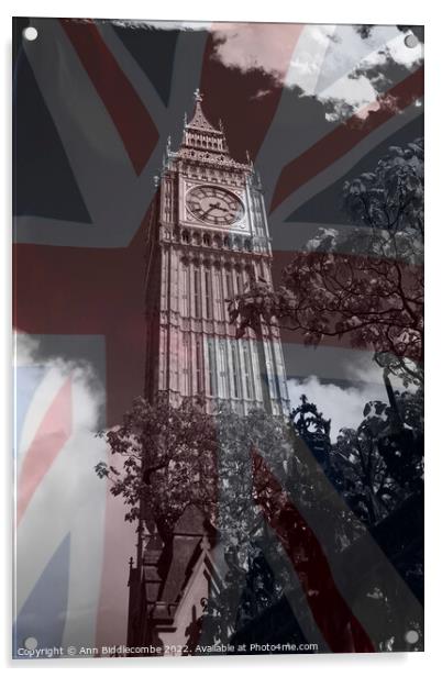 Big Ben behind Union Jack Acrylic by Ann Biddlecombe