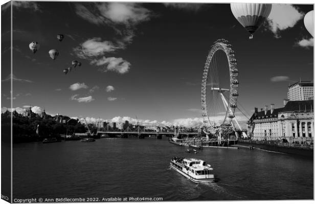 black and white  London eye as hot air balloon's f Canvas Print by Ann Biddlecombe