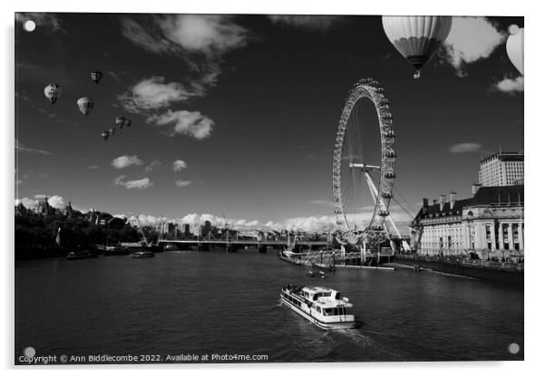 black and white  London eye as hot air balloon's f Acrylic by Ann Biddlecombe