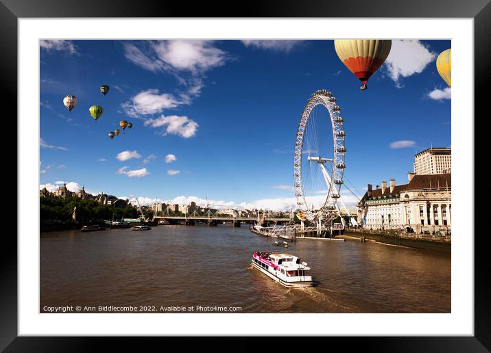London eye as hot air balloon's fly over Framed Mounted Print by Ann Biddlecombe