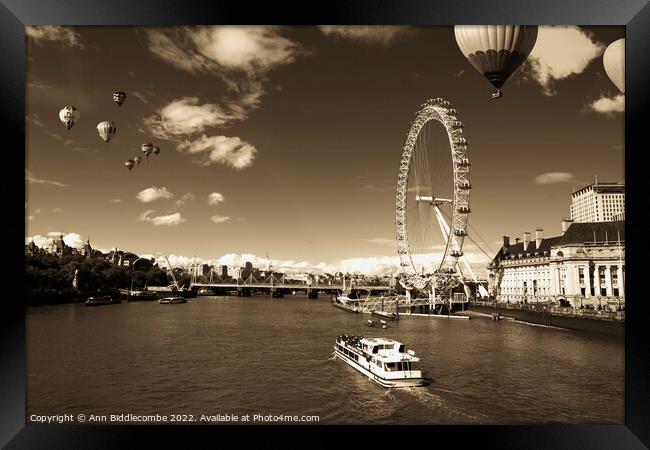 Sepia  London eye as hot air balloon's fly over Framed Print by Ann Biddlecombe