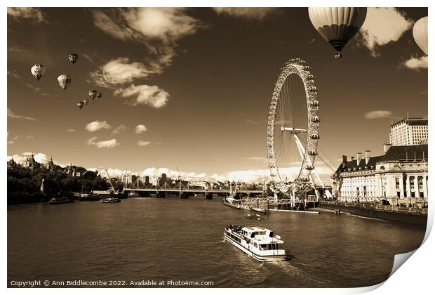 Sepia  London eye as hot air balloon's fly over Print by Ann Biddlecombe