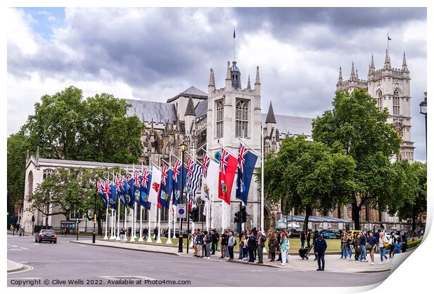 Flags in front of West Minister Cathedral. Print by Clive Wells