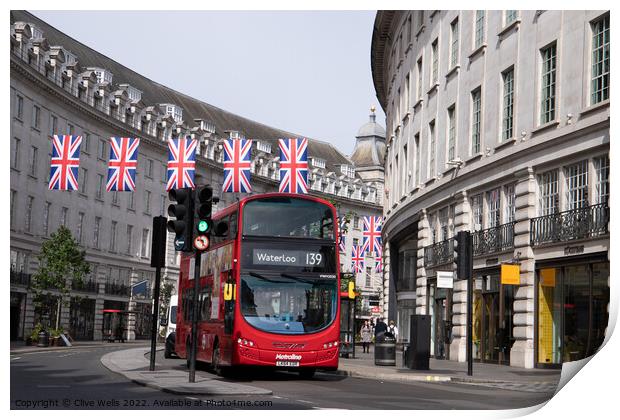 London bus under the flags Print by Clive Wells
