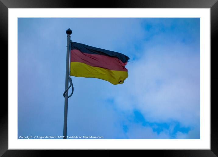 Low angle shot of a German flag waving in the sky Framed Mounted Print by Ingo Menhard