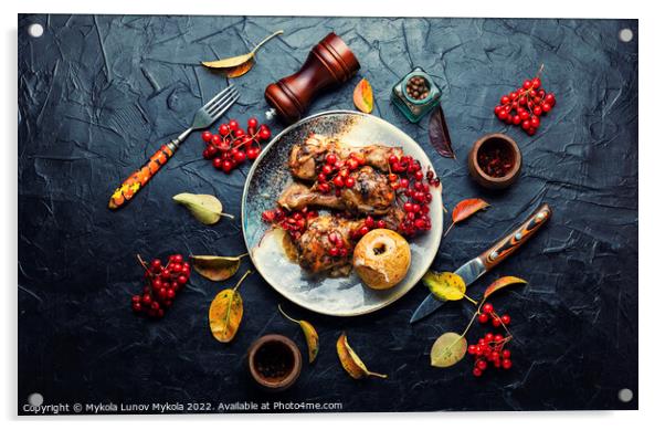 Chicken drumsticks with viburnum,top view Acrylic by Mykola Lunov Mykola