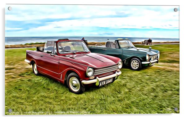 Triumph Cars At Whitley Bay (Digital Cartoon Art) Acrylic by Kevin Maughan
