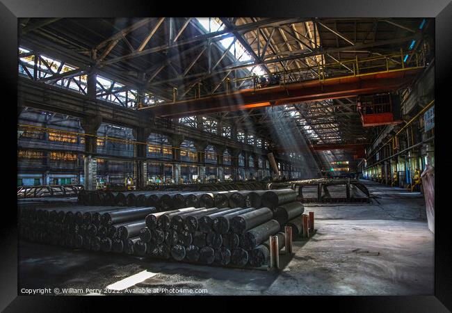 Light Shafts Inside Dark Metals Factory Gansu Province China Framed Print by William Perry