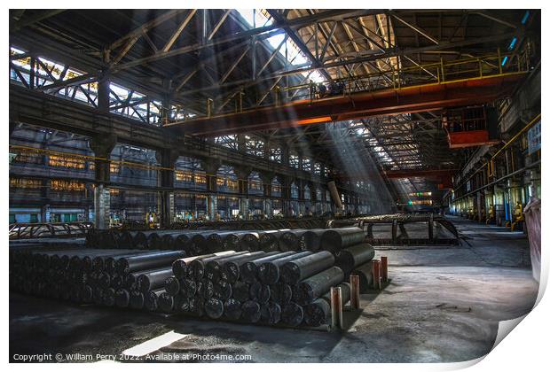 Light Shafts Inside Dark Metals Factory Gansu Province China Print by William Perry