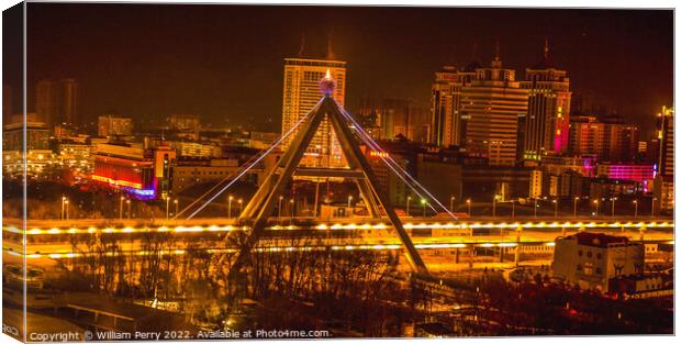 Night Shot Cityscape Bridge Xining City Qinghai Province China Canvas Print by William Perry