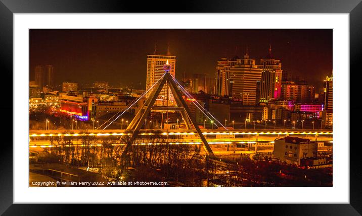 Night Shot Cityscape Bridge Xining City Qinghai Province China Framed Mounted Print by William Perry