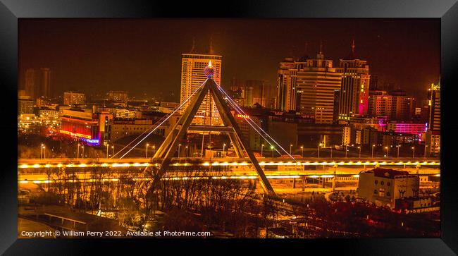 Night Shot Cityscape Bridge Xining City Qinghai Province China Framed Print by William Perry