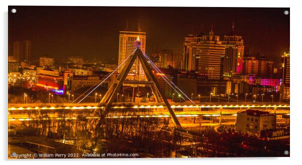 Night Shot Cityscape Bridge Xining City Qinghai Province China Acrylic by William Perry