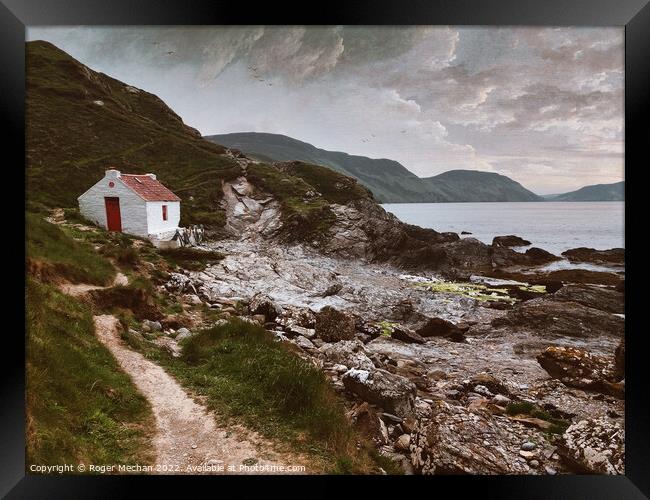 Secluded Cottage by the Rocky Shore Framed Print by Roger Mechan
