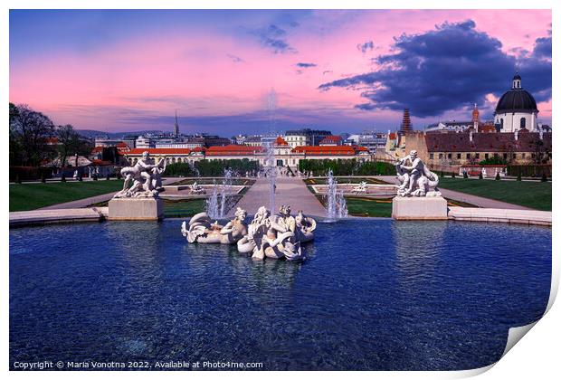 Sunset over fountain in Vienna Print by Maria Vonotna