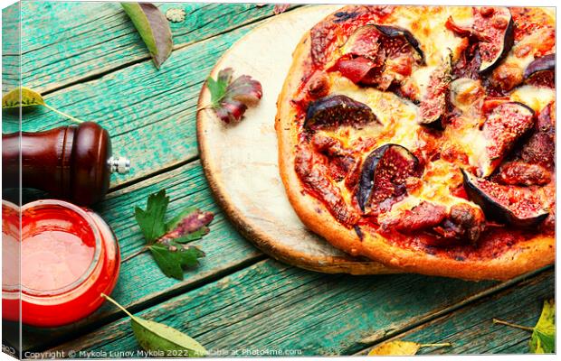 Pizza with meat and fruits Canvas Print by Mykola Lunov Mykola